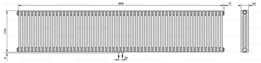 Схема (чертеж) Радиатор Zehnder Charleston 3100/58 №3470 Белый глянцевый RAL 9016